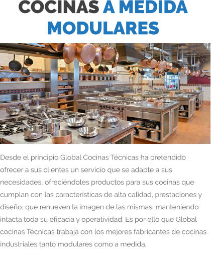 COCINAS A MEDIDA  MODULARES Desde el principio Global Cocinas Técnicas ha pretendido ofrecer a sus clientes un servicio que se adapte a sus necesidades, ofreciéndoles productos para sus cocinas que cumplan con las características de alta calidad, prestaciones y diseño, que renueven la imagen de las mismas, manteniendo intacta toda su eficacia y operatividad. Es por ello que Global cocinas Técnicas trabaja con los mejores fabricantes de cocinas industriales tanto modulares como a medida.